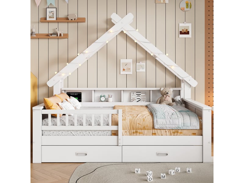 Lit maison 140x200 cm blanc, avec led, rangements, 2 tiroirs, garde-corps, structure bois, sommier inclus, sans matelas - Conforama W