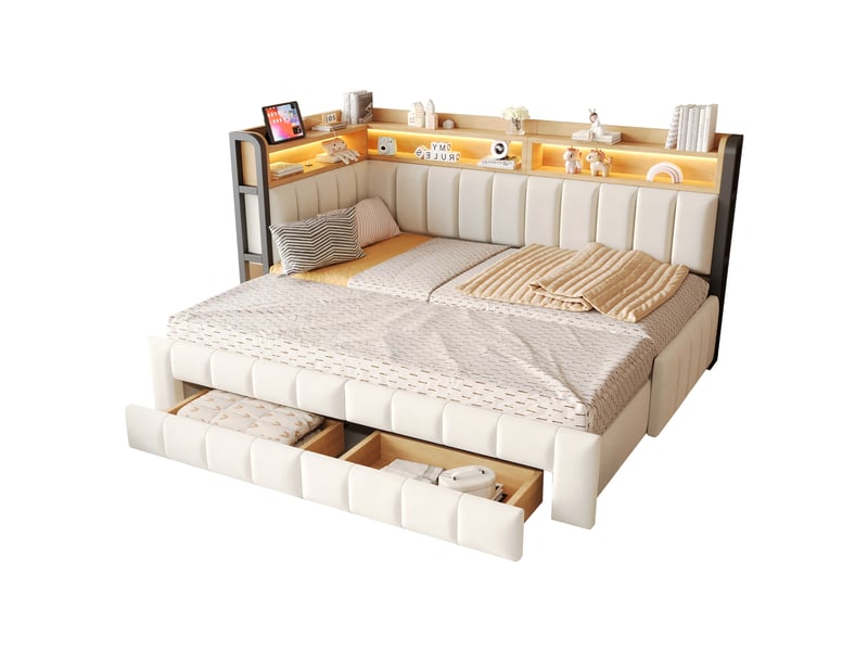  Lit gigogne 90x200 cm avec rangement - canapé lit extensible 180x200 cm - 2 tiroirs, led, usb et type-c - velours beige  - Conforama A