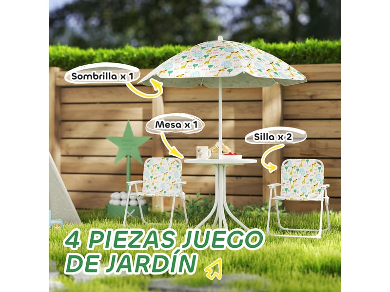  Ensemble table et chaises de jardin pour enfants, 4 pièces, chaises pliantes, parasol réglable, motif éléphant, blanc  - Conforama E
