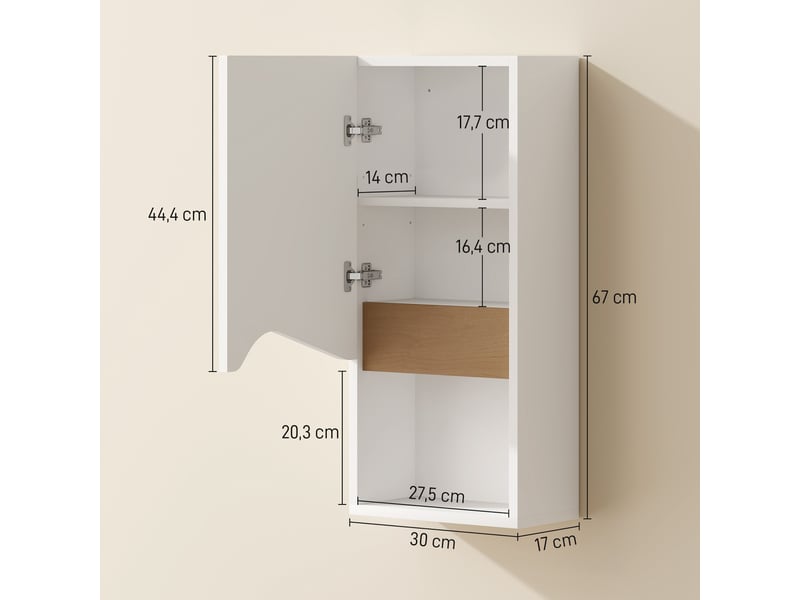 Armoire murale de salle de bain avec porte à fermeture douce, 30x17x67cm, étagère réglable et compartiment ouvert, blanc - Conforama C