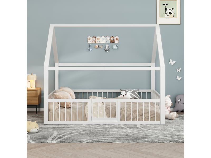  Lit enfant métal 140 x 200 cm robuste sécurisé gain de place design toit garde-corps métal blanc sans matelas  - Conforama B