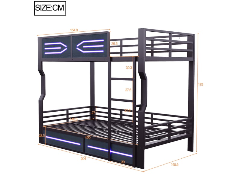  Lit superposé 140 × 200 cm 2 places avec led, escalier et barrières, sans matelas, métal et mdf noir  - Conforama D