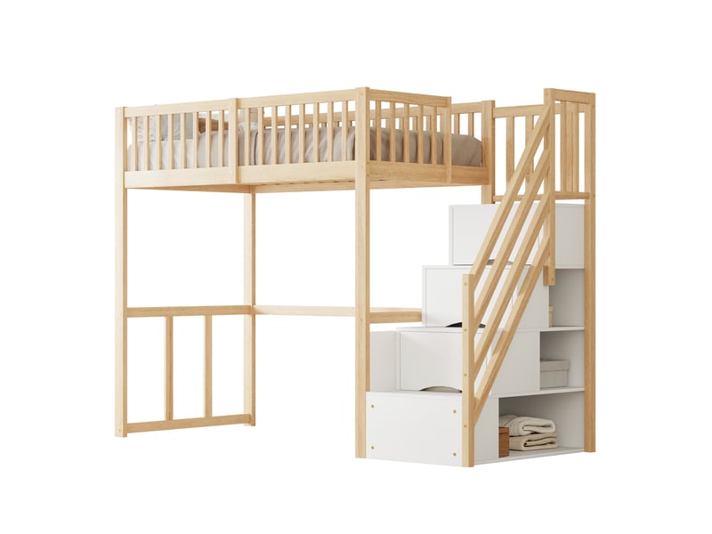  Lit mezzanine enfant 200×90 cm avec escalier de rangement et bureau, sans matelas, en pin massif, coloris bois naturel  - Conforama A