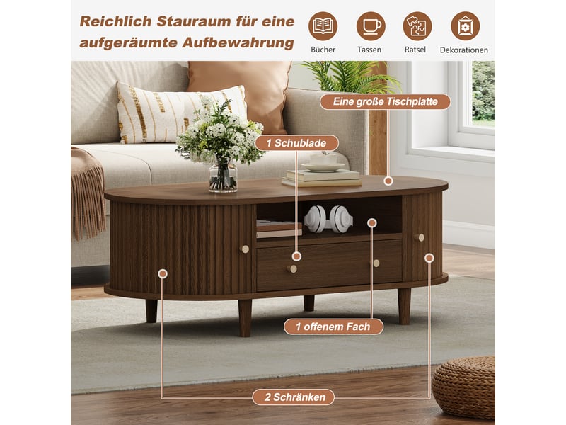  Table basse ovale 1 tiroir porte à rideau mdf coloris noyer 100 x 50 x 36 cm N625P412844N - Conforama D