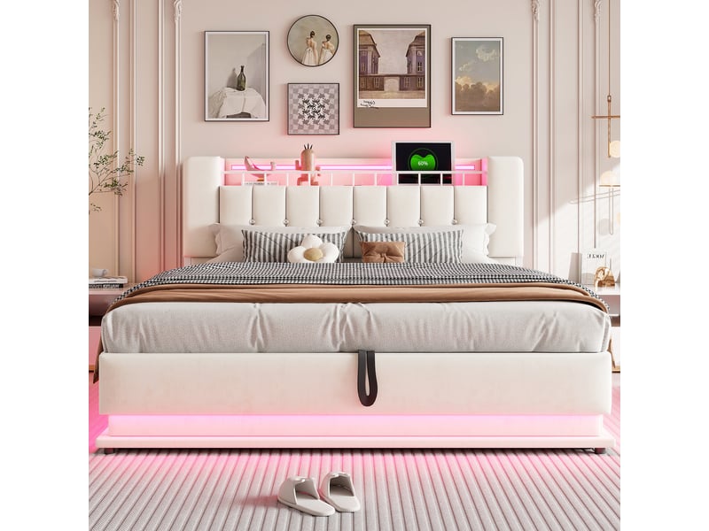 Lit coffre rembourré 180x200 cm coloris beige led tissu lit enfant beige - Conforama D