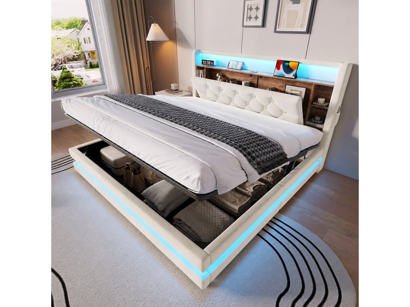 Lit coffre 160 x 200 cm avec rangement, cadre en velours beige, tête de lit multifonction, led et usb - Conforama B