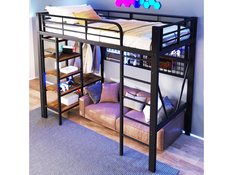  Lit mezzanine 90 x 200 cm, structure métal, led, bureau, étagères, panneau perforé, usb, sans matelas, noir  - Conforama C