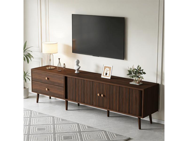  Meuble tv 180 cm noyer avec portes coulissantes et tiroirs pour écrans jusqu'à 80 pouces  - Conforama B