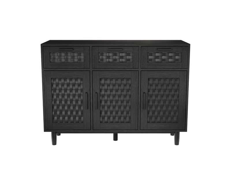  Buffet de rangement avec 3 tiroirs et 3 portes - 107.9x40x80cm - meuble bahut style rotin synthétique - noir aspect bois texturé  - Conforama A