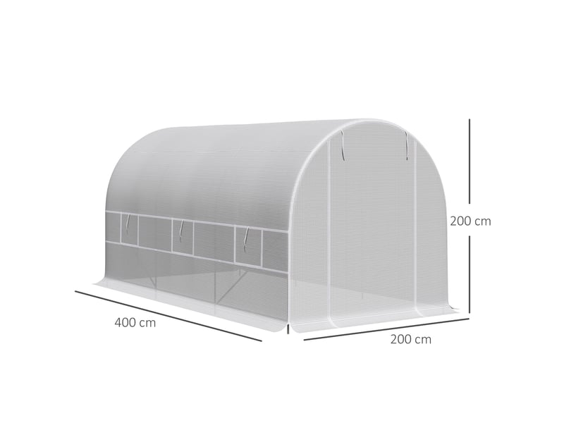  Serre tunnel 400 x 200 x 200 cm, serre de jardin avec porte enroulable et 6 fenêtres, polyéthylène 140 gm², blanc anti-uv  - Conforama E