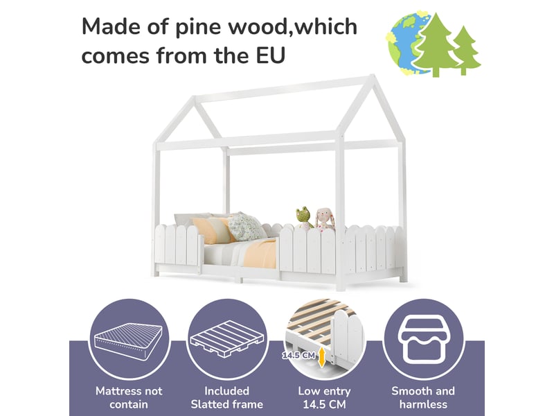 Lit cabane enfant 90x200 cm, garde-corps et sommier, design minimaliste, bois blanc, sans matelas - Conforama D