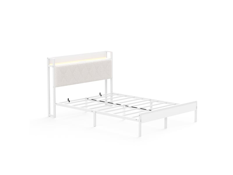  Lit rembourré avec rangement blanc 140x190 cm avec prises usb et tête de lit intégrée  - Conforama D