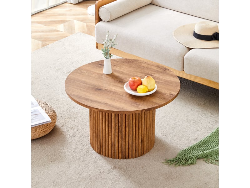  Table basse ronde mdf 70 cm bois style colonne romaine structure métallique salon evarich - Conforama B