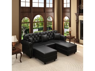 Canapé chesterfield 3 places + 2 poufs en simili cuir noir, 210 cm