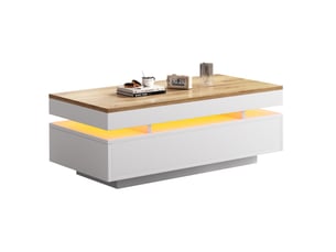 Table basse avec éclairage led 100x50x35 cm, panneau de particules, 2 tiroirs, surface brillante, coloris blanc + ton bois