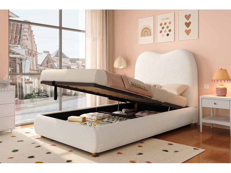  Lit coffre 90x200 cm beige bouclé avec sommier à lattes tête de lit capitonnée ouverture hydraulique rangement Sol Morn - Conforama D