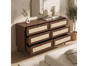 Commode 6 tiroirs de 120 cm de large, meuble d'appoint aux veinures alternées en rotin et noyer, coins arrondis et pieds surélevés, coloris noyer