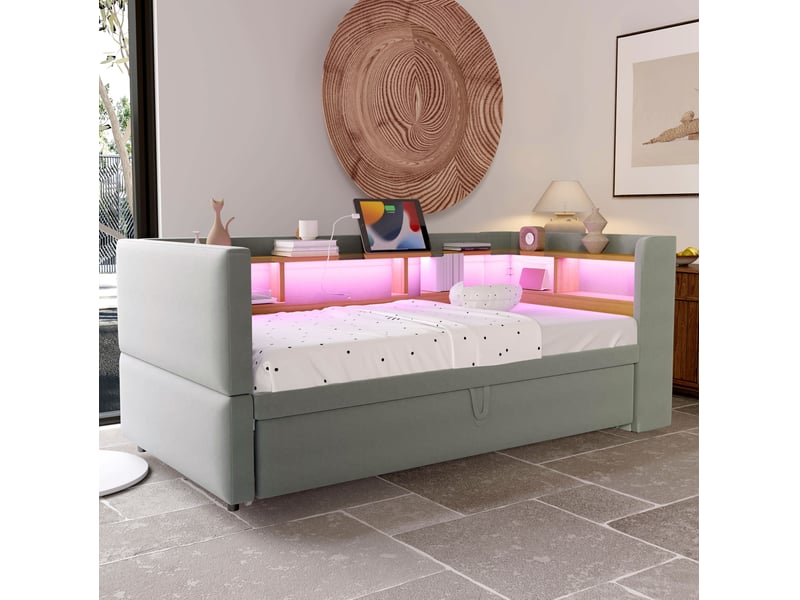  Canapé-lit gigogne 90180 x 190 cm avec led, prises et rangements, gris clair  - Conforama E