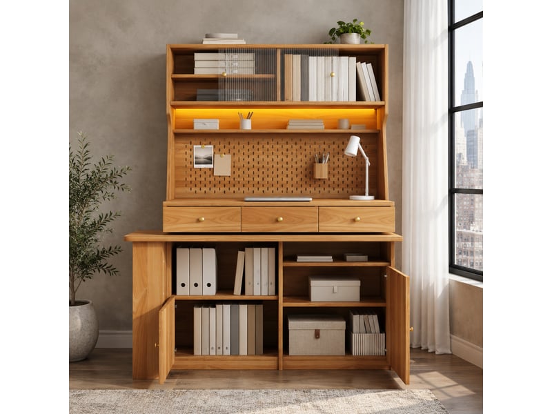  Armoire haute avec bureau intégré, led et usb - lpospi - portes vitrées, mdf naturel 137×74×177,7 cm  - Conforama B
