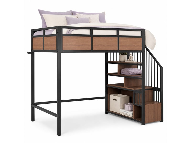  Lit mezzanine 90x200 cm avec échelle de rangement réversible et led, métal, mdf, structure en bois, noir, sans matelas  - Conforama A