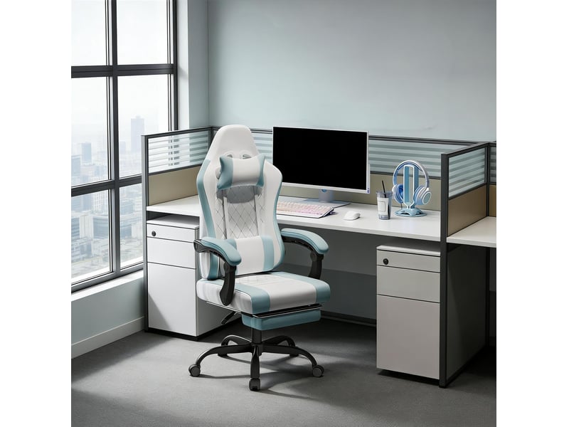  Chaise de bureau ergonomique pivotante avec massage lombaire, dossier inclinable, en mesh bleu et blanc  - Conforama C
