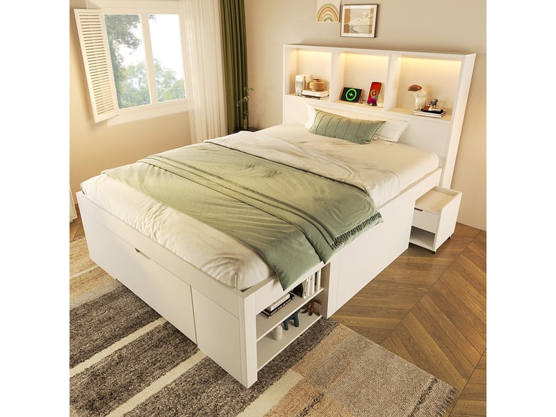  Lit simple 90x200 cm avec matelas et éclairage led et port usb-c lit enfant avec chevet mobile tiroir rangements bois blanc  - Conforama D