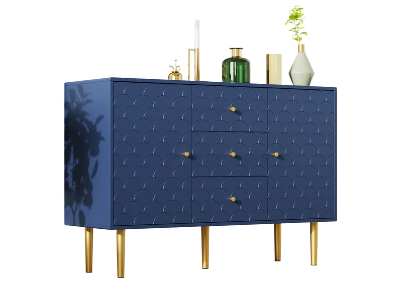  Buffet et enfilade avec 2 portes, 3 tiroirs et étagères réglables, pieds métal, bleu marine, 120 × 40 × 83 cm  - Conforama A