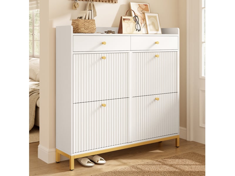  Meuble à chaussures 106,5x25x107 cm, 4 portes rabattables et 2 tiroirs, panneau de particules, blanc  - Conforama B