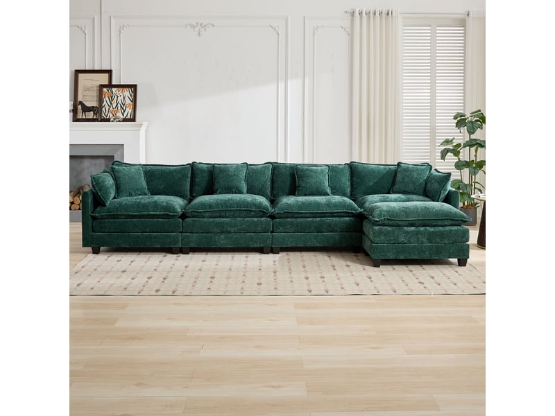  Canapé droit modulable 4 places 380 × 75 × 84 cm en chenille vert, coussins rembourrés IKSETERA TRADING LTD - Conforama R