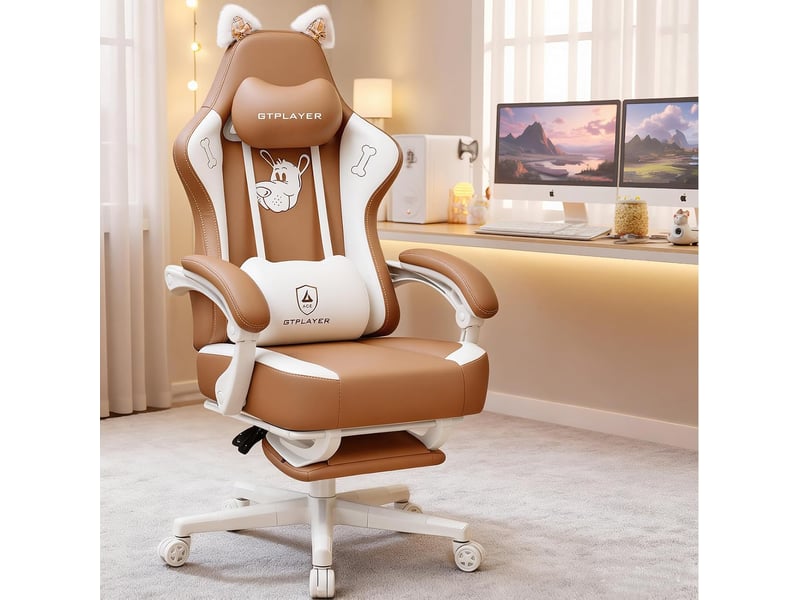 Gtplayer chaise de jeu avec oreilles de chat, mousse à mémoire de forme, repose-pieds, 150kg, cuir - marron GTP610-YE-PU - Conforama B