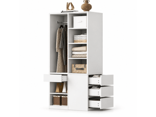 Armoire penderie 70x50x170 cm avec grand espace de suspension, dressing individuel avec plusieurs tiroirs, étagères ouvertes et rangements, blanc