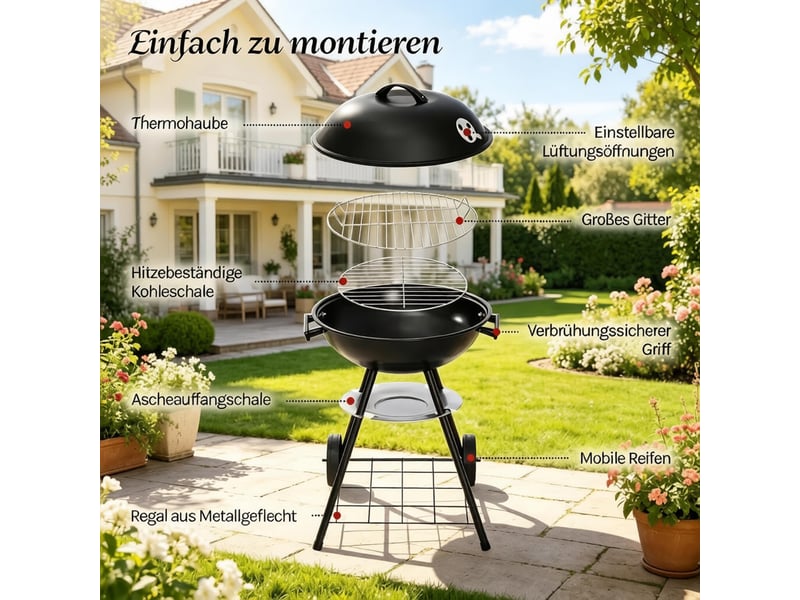  Barbecue au charbon rond,42x45,5x73 cm,avec couvercle,métal,noir  - Conforama E