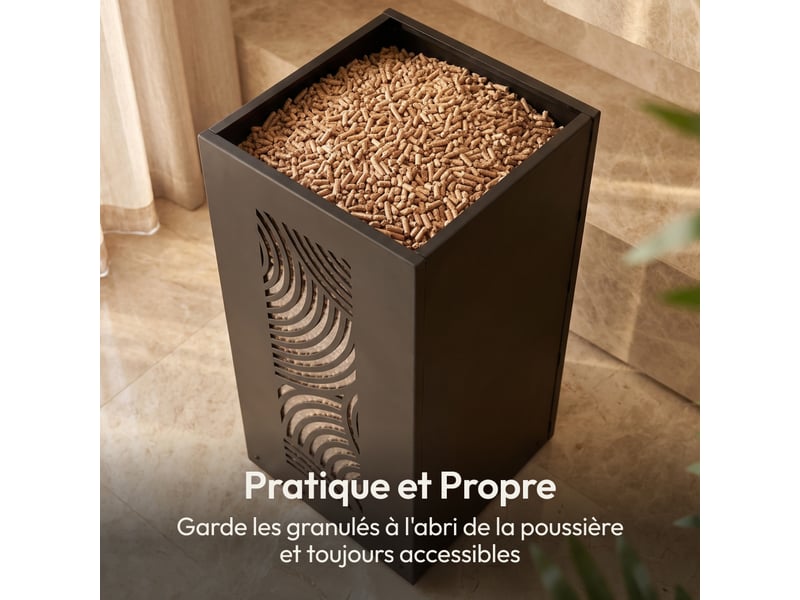  Casabel réservoir pellets &amp; granulés avec roulettes, cap. 45kg, métal noir, niveau visible, motif zen  - Conforama D