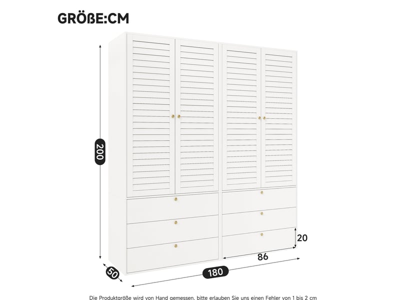 Armoire 4 portes 180x50x200 cm blanche avec 6 tiroirs et 2 penderies  - Conforama C
