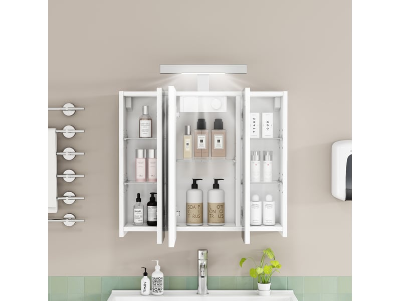  Armoire de salle de bains miroir 60 cm blanche à 3 portes avec led et prise française, rangement mural pratique  - Conforama D