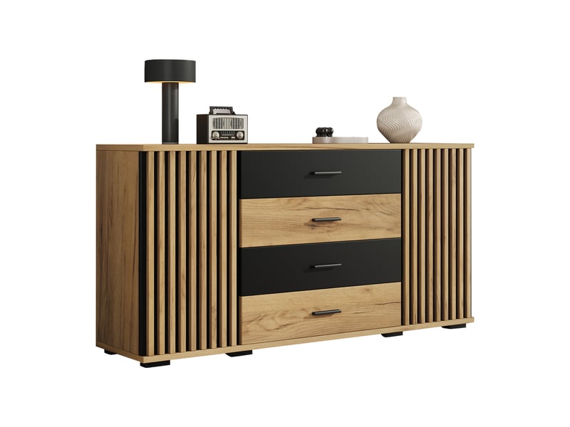 Buffet 140x35x70 cm avec 4 tiroirs et 2 portes, meuble de rangement en mdf, façade rainurée verticale, étagères réglables, effet chêne et noir - Conforama A