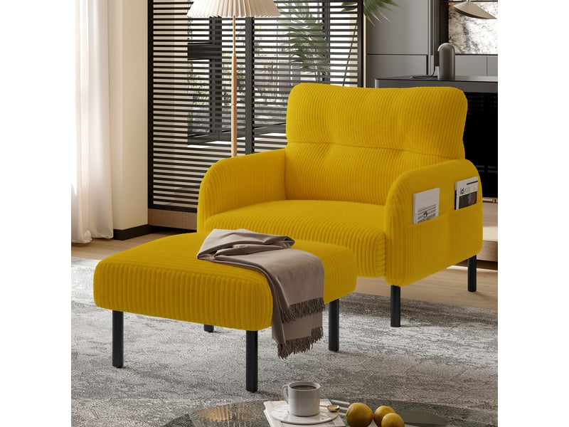  Pouf repose-pieds 56x51 cm avec structure métal, velours côtelé jaune moutarde Morn Vibe - Conforama D