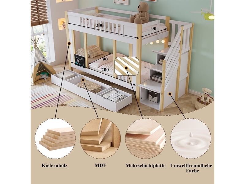 Lit superposé 90x200cm blancnaturel, pinmdfagglocontreplaqué, 3 tiroirs à roulettes, escalier de rangement et tableau - Conforama E