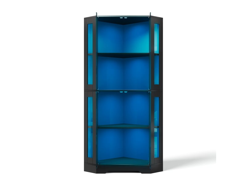 Vitrine d’angle 165 cm avec led, 4 niveaux en verre sécurisé pour vin, objets déco et collections - Conforama A