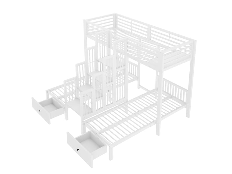  Lit superposé 90 x 200 cm structure robuste en acier cadre en métal escalier central barrières de sécurité tiroirs de rangement finition blanche effet bois  - Conforama E