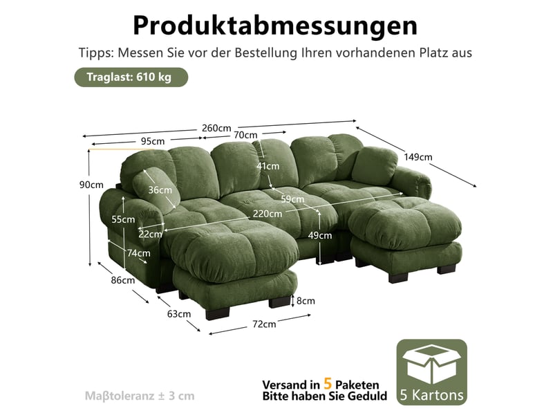 Canapé en u modenvie 3 places en chenille vert avec ottomane mobile et 2 coussins décoratifs, 260 x 149 x 90 cm - Conforama C