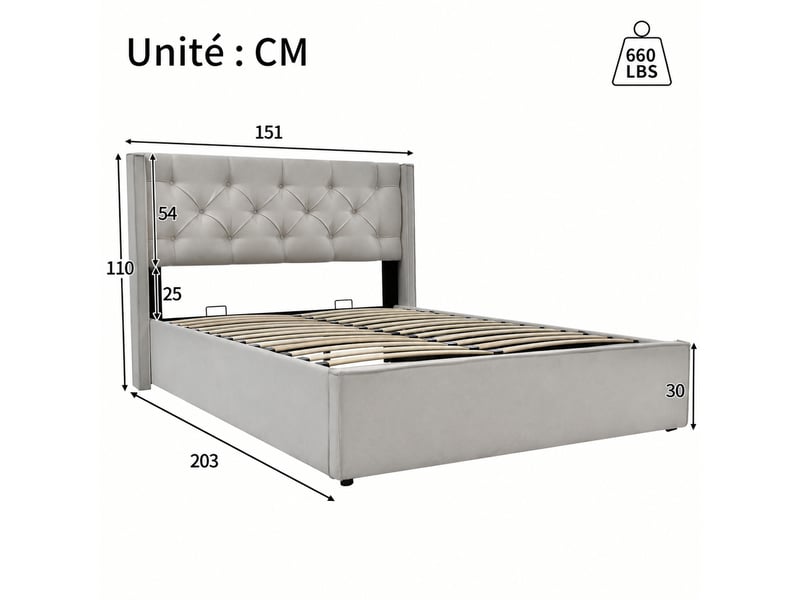 Lit rembourré 140 x 200 cm avec coffre, tête capitonnée, matelas, gris clair - Conforama C