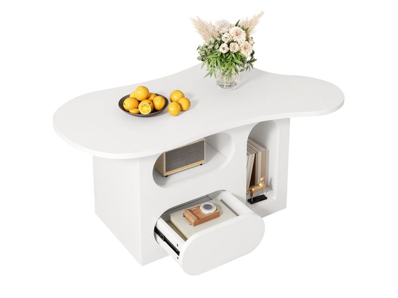  Table basse avec 2 tiroirs et niches ouvertes, forme nuage, pour salon, en panneaux de particules, blanc, 97 × 45 × 43,5 cm  - Conforama A