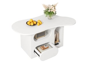 Table basse avec 2 tiroirs et niches ouvertes, forme nuage, pour salon, en panneaux de particules, blanc, 97 × 45 × 43,5 cm