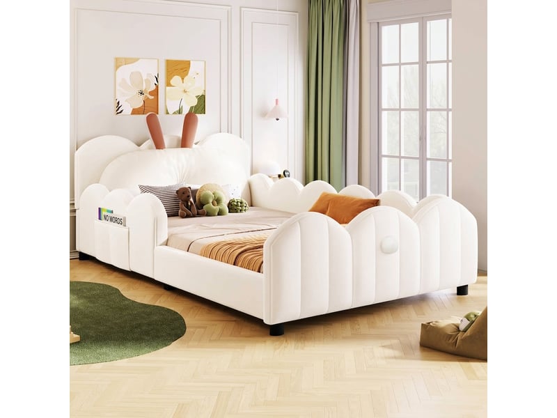  Lit plateforme capitonné 90x200 avec oreilles de lapin et barrières, beige  - Conforama B