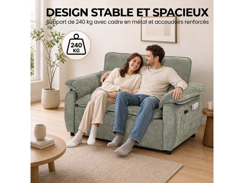 Canapé convertible 2 places, canapé-lit 3 en 1 velours 137 cm, dossier réglable, 2 oreillers, assise large, vert - Conforama R