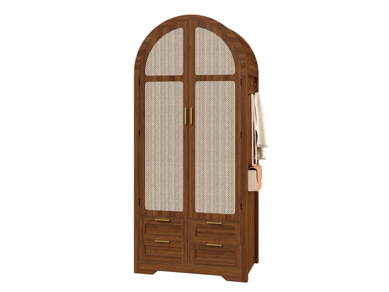 Armoire penderie 80x50x180 cm, portes courbées en rotin, tringle, tiroirs, étagères, grand rangement pour chambre - noyer - Conforama A