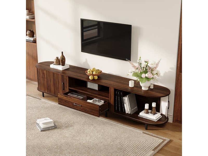  Meuble tv 180x40x50cm - meuble bas en mdf avec porte à rideau coulissante, tiroir et niches ouvertes, façade rainurée rétro, pour tv jusqu’à 75 pouces  - Conforama D