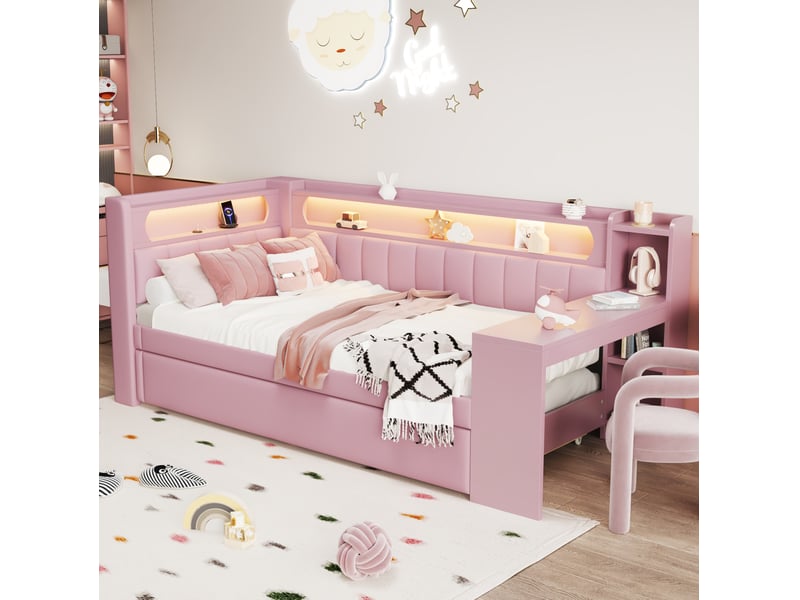  Modenvie lit banquette 90x200 cm - avec led, ports usb et lit gigogne - avec bureau intégré - rose  - Conforama D