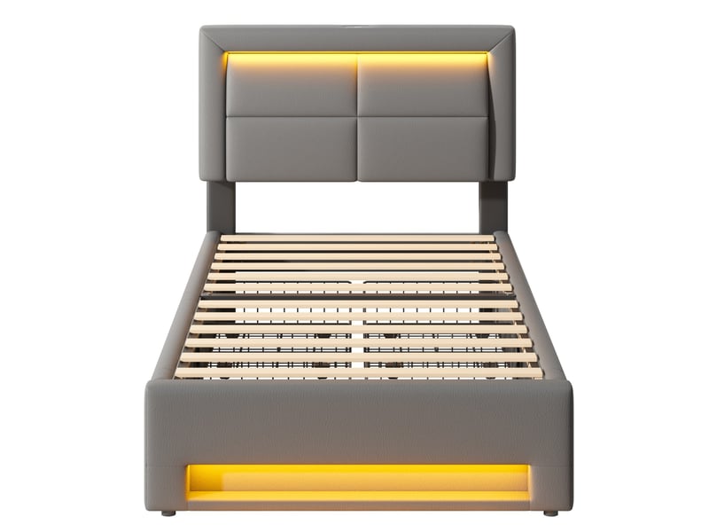  Lit enfant 90x190cm avec 4 tiroirs, ports usb de chargement, lumières led, design moderne, pu, gris, sans matelas  - Conforama E